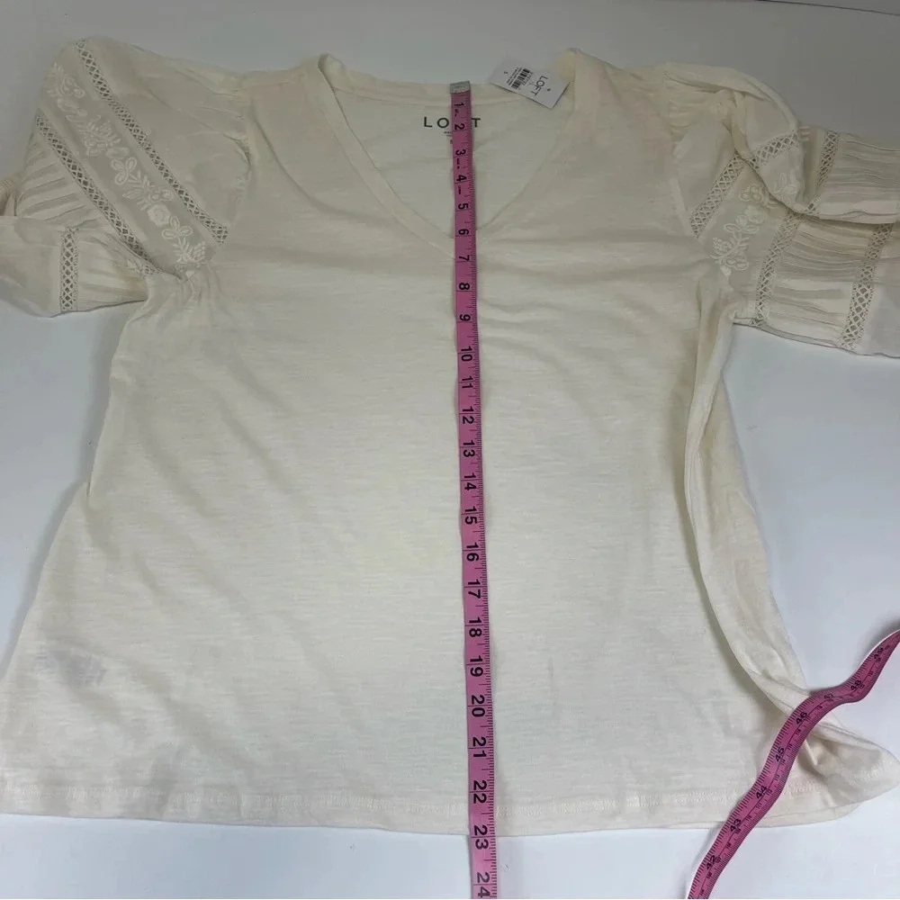 Loft Shirt Womens Size Small Cream Puff Sleeve Embroidered Cotton Blouse NWT